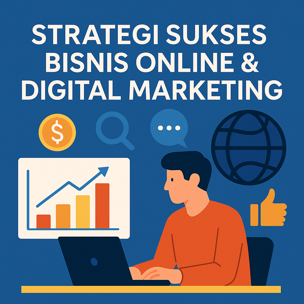 Ilustrasi pebisnis muda menggunakan laptop dengan ikon digital marketing, grafik pertumbuhan, dan simbol media online di latar biru.