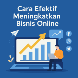 Ilustrasi modern bisnis online dengan laptop menampilkan grafik pertumbuhan naik, ikon media sosial, dan pebisnis bekerja di depan layar.