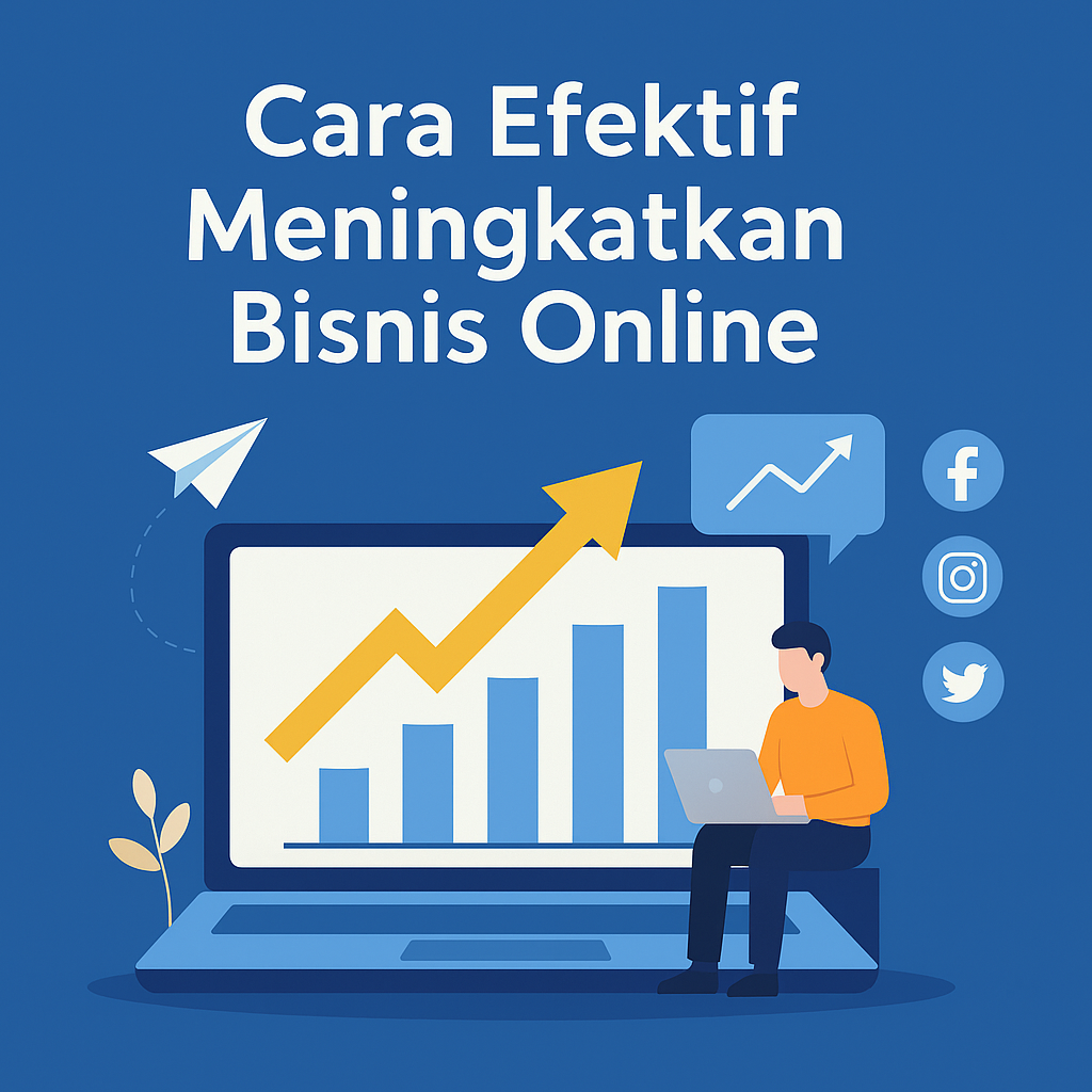 Ilustrasi modern bisnis online dengan laptop menampilkan grafik pertumbuhan naik, ikon media sosial, dan pebisnis bekerja di depan layar.