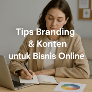 Foto realistis seorang pebisnis wanita menulis di buku catatan dengan laptop terbuka, ilustrasi chart warna di meja, teks Tips Branding & Konten untuk Bisnis Online