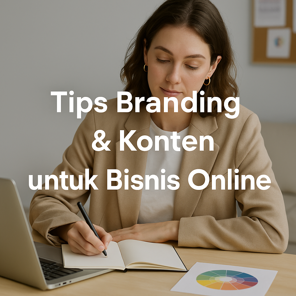Foto realistis seorang pebisnis wanita menulis di buku catatan dengan laptop terbuka, ilustrasi chart warna di meja, teks Tips Branding & Konten untuk Bisnis Online