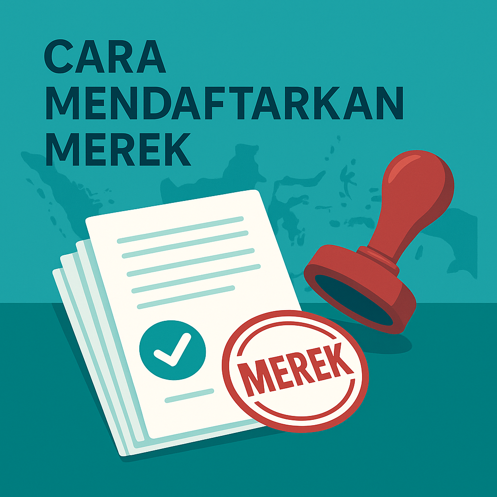 Ilustrasi pendaftaran merek di Indonesia: dokumen resmi dan stempel MEREK