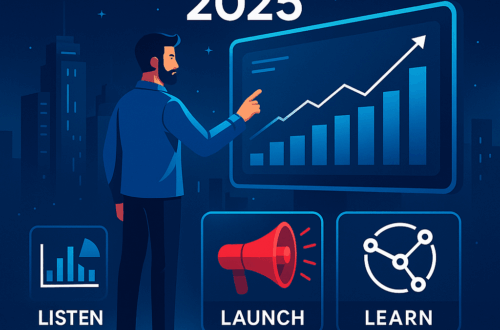 lustrasi futuristik strategi digital 2025: seorang profesional menyentuh layar data dengan grafik naik, ikon Listen–Launch–Learn, nuansa biru malam