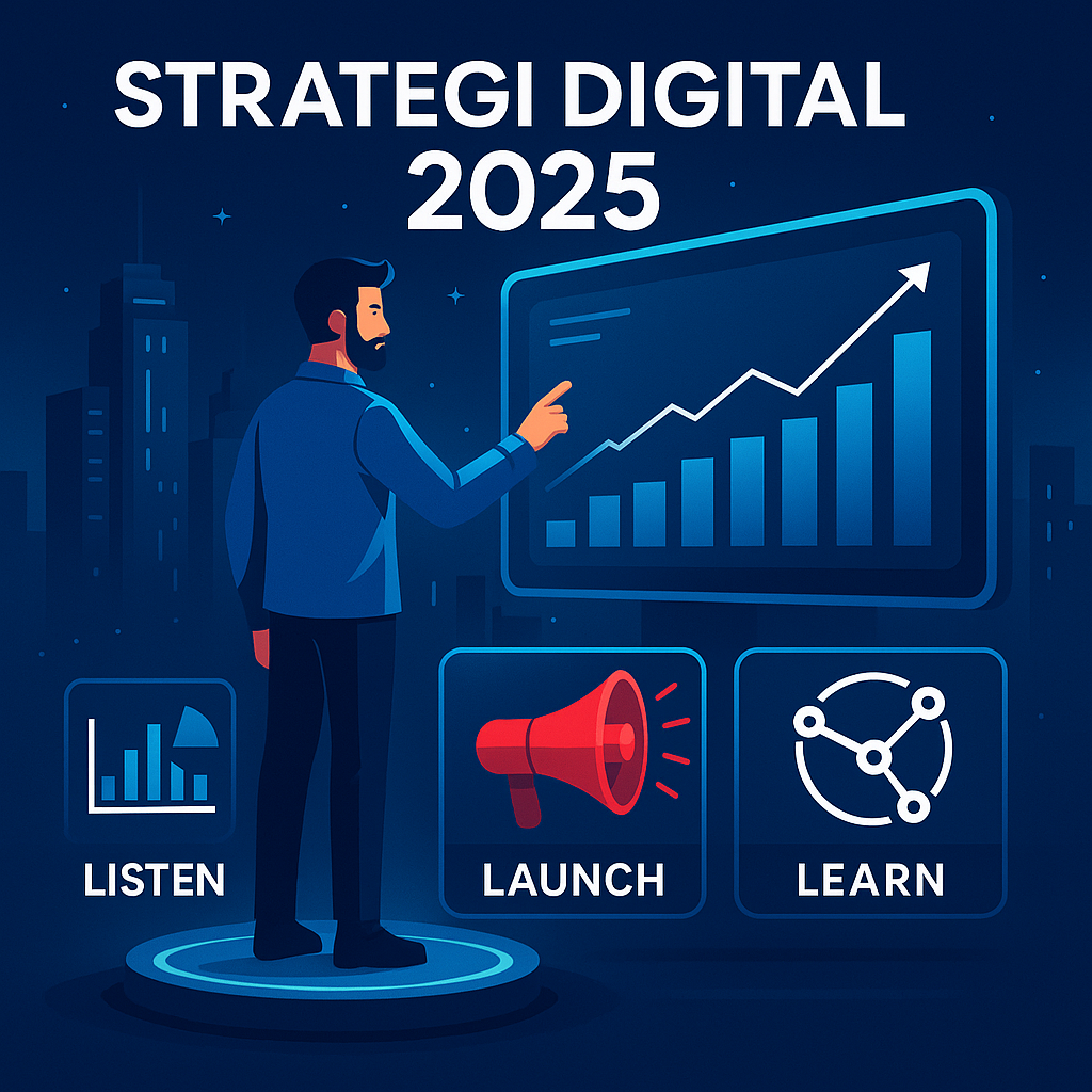 lustrasi futuristik strategi digital 2025: seorang profesional menyentuh layar data dengan grafik naik, ikon Listen–Launch–Learn, nuansa biru malam