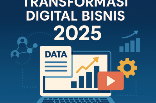 Strategi Transformasi Digital Bisnis 2025 menampilkan laptop dengan grafik data, ikon AI, dan elemen teknologi modern bernuansa biru emas.