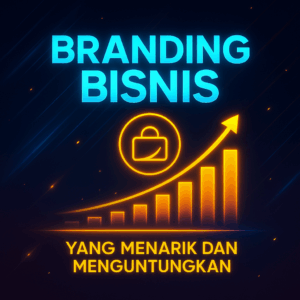 Desain futuristik bertema branding bisnis yang menarik dan menguntungkan, menampilkan grafik pertumbuhan neon emas dan logo bercahaya di latar biru gelap bergaya teknologi