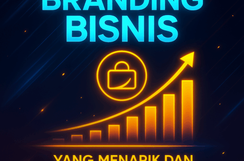 Desain futuristik bertema branding bisnis yang menarik dan menguntungkan, menampilkan grafik pertumbuhan neon emas dan logo bercahaya di latar biru gelap bergaya teknologi