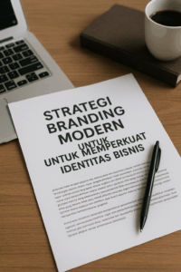 "Dokumen strategi branding modern di atas meja kerja dengan laptop, pena, dan secangkir kopi sebagai ilustrasi konsep identitas bisnis profesional."