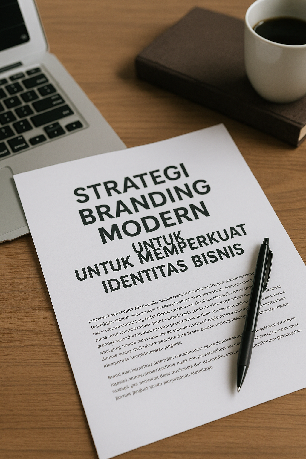 "Dokumen strategi branding modern di atas meja kerja dengan laptop, pena, dan secangkir kopi sebagai ilustrasi konsep identitas bisnis profesional."
