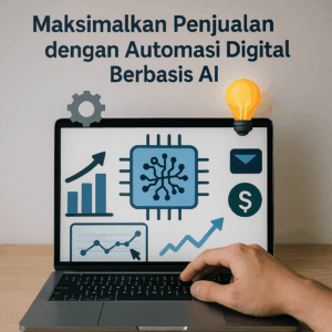 Laptop menampilkan grafik pertumbuhan, ikon AI, dan elemen digital marketing dengan tangan pengguna yang sedang mengoperasikan perangkat untuk menggambarkan automasi digital berbasis AI.