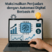 Laptop menampilkan grafik pertumbuhan, ikon AI, dan elemen digital marketing dengan tangan pengguna yang sedang mengoperasikan perangkat untuk menggambarkan automasi digital berbasis AI.