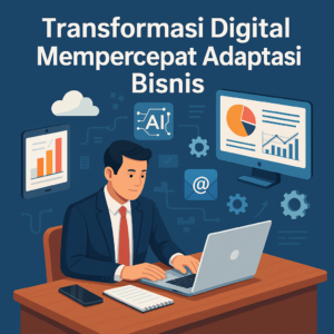 Ilustrasi profesional transformasi digital dengan pebisnis bekerja menggunakan laptop dikelilingi ikon teknologi modern seperti AI, cloud, dan analitik.