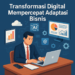 Ilustrasi profesional transformasi digital dengan pebisnis bekerja menggunakan laptop dikelilingi ikon teknologi modern seperti AI, cloud, dan analitik.